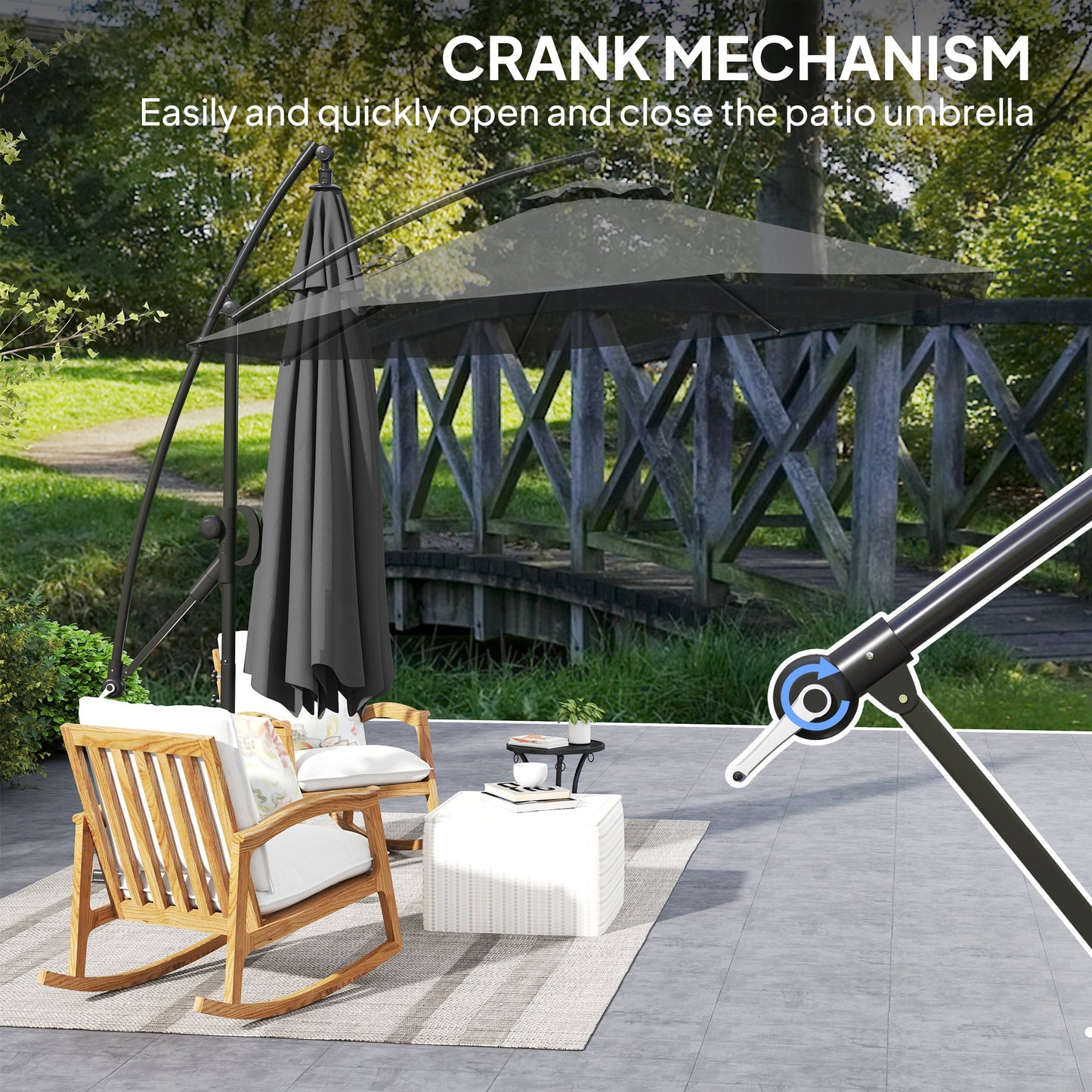 118.1" Patio Offset Umbrella with Cover and Wind Protection Strap, Round Overhanging Umbrella with Crank Handle and Tilt for Outdoor Sun Shade, UPF50+, Grey